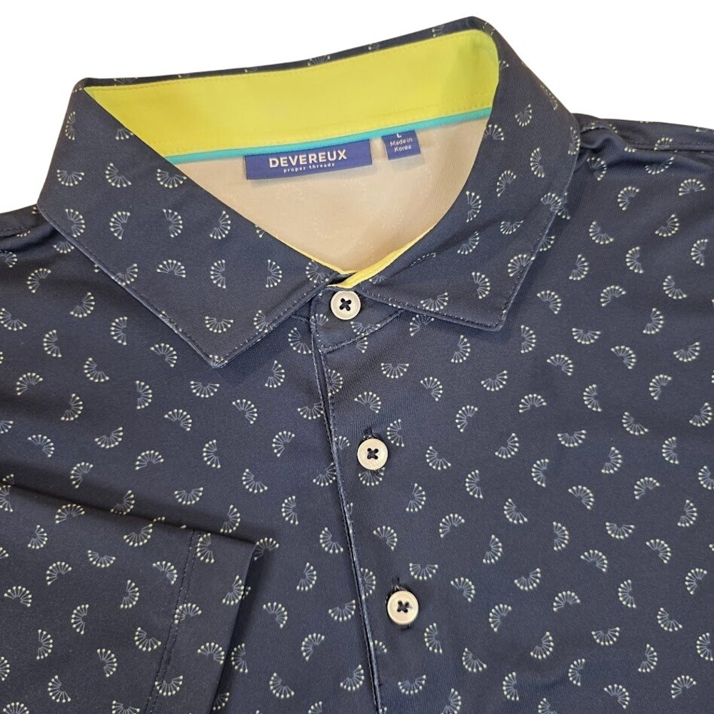 Devereux Men's Large Polo Shirt Navy Blue Geometric Fan Print Golf Performance